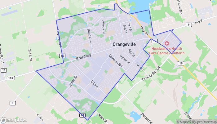 Map of the Town of Orangeville boundary